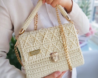Cream Bag for Women, Quilted Luxury Bag, Crochet Bag Over Shoulder, Envelope Handbag, Unique Crossbody Purse, Knitted Saddle Bag for Girls