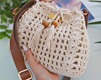 Handmade Crochet Bucket Bag, Cotton Yarn, Drawstring Boho Purse