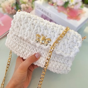 Bolso de ganchillo blanco para mujer, bolso de hombro tipo sobre, bolso de noche, bolso de hilo de punto, bolso hecho a mano para eventos