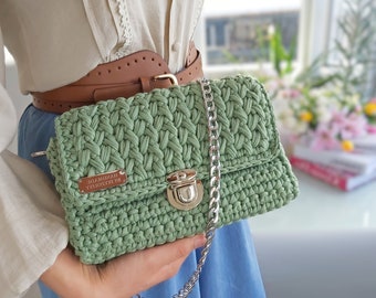 Light Green Crochet Bag for women, Envelope Shoulder Bag, Knitted Yarn Purse for Summer, Handmade Girls Fashion Bag, Crossbody Satchel Bag