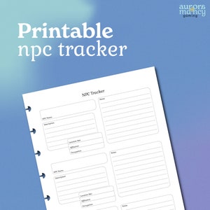 Może przedstawiać: Drukowany tracker NPC z dwoma sekcjami do rejestrowania informacji o postaciach. Każda sekcja zawiera pola na imię, opis, miejsce spotkania, przynależność, zawód i notatki.