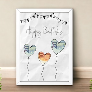 Creative money gift for a birthday | Heart balloons | Give money away creatively | direct download for printing | Last minute gift