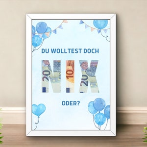 May include: A white framed print with a blue background and blue balloons. The print says "Du wolltest doch nix oder?" with the word "nix" spelled out in euro bills.