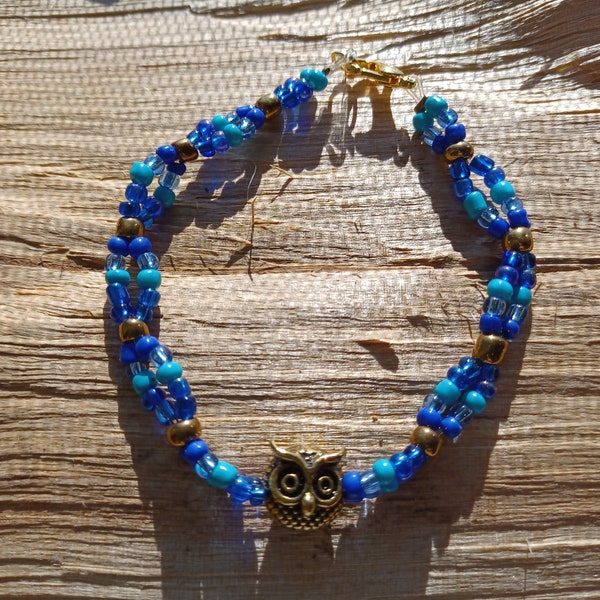 Armkettchen "Eule/Owl", blaues, doppelreihiges Perlenarmband mit Eulen-Motivperle