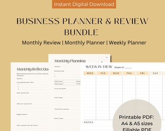 Printable Business Planner Bundle, Monthly Business Review, Monthly Business Planner, Monthly Reflection, Weekly Planner, Goal Worksheet