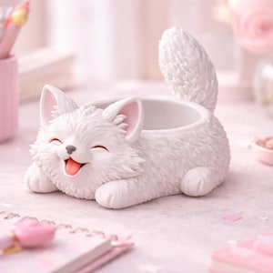 May include: A white, fluffy cat-shaped planter with a smiling face and pink tongue. The planter has a round opening for plants or storage. The cat is lying down with its tail up. The background includes pink pens, notebooks, and flowers.