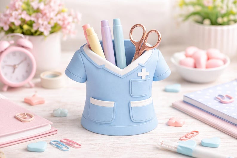 Peut inclure: Un organiseur de bureau bleu clair en forme de blouse m&eacute;dicale, contenant des stylos et des ciseaux dor&eacute;s. L'organisateur a des d&eacute;tails blancs et un embl&egrave;me de croix. Autres accessoires de bureau : un r&eacute;veil rose et des cahiers.