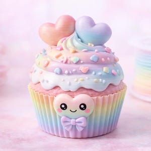 Könnte beinhalten: Ein pastellfarbener Cupcake mit Regenbogen-Glasur, gekrönt von zwei herzförmigen Dekorationen. Die Cupcake-Verpackung und die Glasur haben einen Regenbogenverlauf. Ein Herz mit einer Schleife und einem lächelnden Gesicht verziert die Vorderseite des Cupcakes.