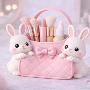 Puede incluir: Un neceser de maquillaje rosa acolchado con un lazo, sostenido por dos figuras de conejos blancos. La bolsa contiene brochas de maquillaje, pintalabios y un frasco de spray. Los conejos tienen mejillas y orejas rosas, con ojos negros.