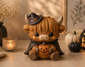 Krowa szkocka na Halloween (plik STL) | Urocza wiedźma-krowa z dynią | Straszna krowa szkocka w pliku do druku 3D | Figurka na Halloween