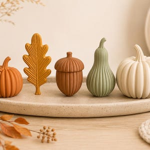 May include: A set of five decorative objects arranged on an oval tray, including a small orange pumpkin, a mustard yellow oak leaf, a brown acorn, a sage green pear-shaped gourd, and a larger cream-coloured pumpkin, all featuring ribbed textures.