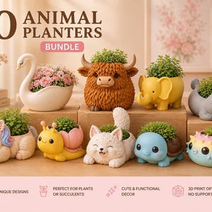 Puede incluir: Un conjunto de 10 macetas con forma de animal que incluye un cisne blanco, una vaca highland marrón, un elefante amarillo, una foca gris, un unicornio, un caracol amarillo, un zorro blanco, una tortuga azul y un pez globo con plantas.