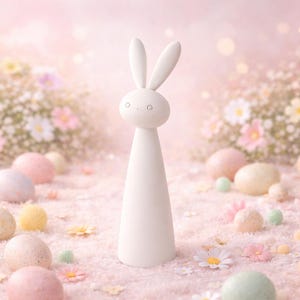 May include: A white, minimalist bunny figurine with long ears stands amidst pastel-colored Easter eggs and flowers. The scene is set on a pink, textured surface, creating a soft, springtime aesthetic. The background features a blurred floral arrangement.