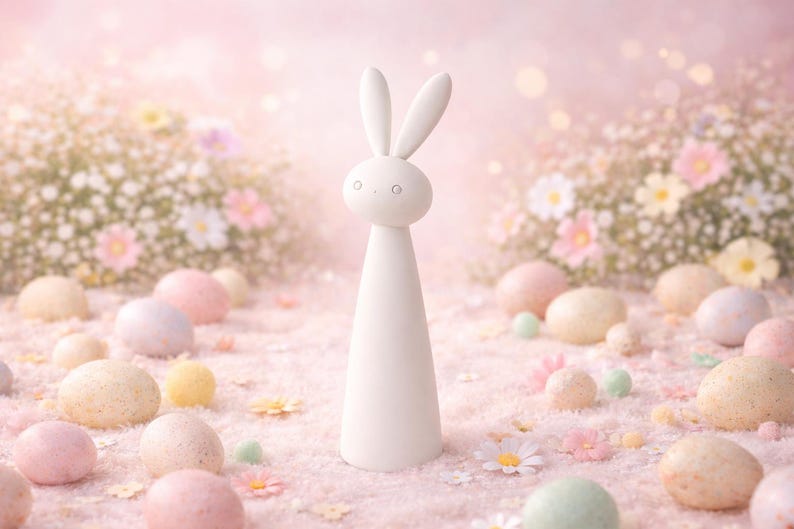 May include: A white, minimalist bunny figurine with long ears stands amidst pastel-colored Easter eggs and flowers. The scene is set on a pink, textured surface, creating a soft, springtime aesthetic. The background features a blurred floral arrangement.