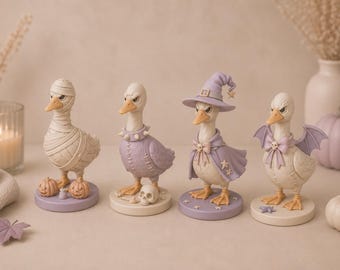 Zestaw STL „Wściekłe gęsi na Halloween” | 4 upiorne figurki gęsi | Pliki do druku 3D: wiedźma, mumia, zombie i gęś nietoperz