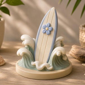 Puede incluir: Una figura decorativa que presenta una tabla de surf color crema con un detalle de flor azul claro, colocada en posición vertical sobre olas del mar esculpidas en verde pálido y blanco sobre una base circular. La tabla tiene un borde azul claro.