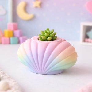 Può includere: Un vaso a forma di conchiglia dai colori pastello con una piccola succulenta verde. Il vaso presenta un gradiente arcobaleno di rosa, giallo e blu. Lo sfondo include elementi decorativi come un arcobaleno, luna e stelle.