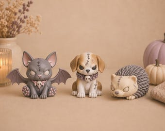 Zestaw STL ze zwierzętami w stylu „Angry Halloween” | Straszne miniatury: kot-nietoperz, pies-zombie i jeż | Urocze, przerażające figurki do druku 3D