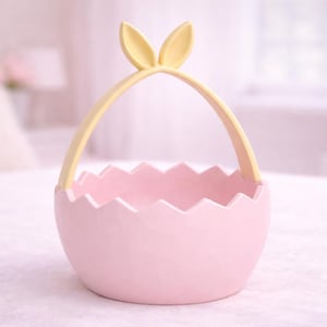 May include: A pink ceramic Easter basket with a yellow handle and bunny ear accents. The basket has a scalloped edge and is designed to resemble an egg. Perfect for Easter decor or gift-giving.