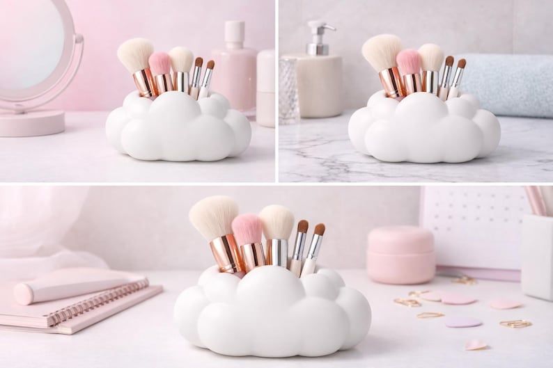 K&ouml;nnte beinhalten: Ein wei&szlig;er, wolkenf&ouml;rmiger Make-up-Pinselhalter, gef&uuml;llt mit verschiedenen Make-up-Pinseln. Die Pinsel haben wei&szlig;e, rosa und braune Borsten mit goldenen und silbernen Griffen. Der Halter steht auf einer wei&szlig;en Oberfl&auml;che.