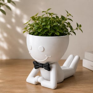 May include: A white ceramic planter shaped like a reclining figure with a smiling face and a black bowtie. The planter holds a small green leafy plant. The figure is resting on its stomach with arms extended forward and legs bent upward.