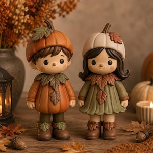 May include: Two small figurines depicting a pair of children wearing pumpkin-themed outfits. The left figure wears an orange pumpkin hat and tunic with green leaves, while the right figure wears a cream pumpkin hat and a green dress with brown leaves.