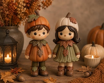 Pumpkin Pals STL Set | Boy & Girl Autumn Figurines | Cute Halloween Fall Decor 3D Print Files