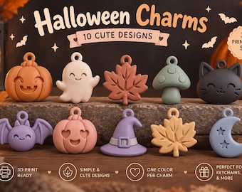 Halloween Charms STL Bundle | 10 Cute Halloween Keychain Designs | Pumpkin Ghost Bat Witch Hat 3D Print Files