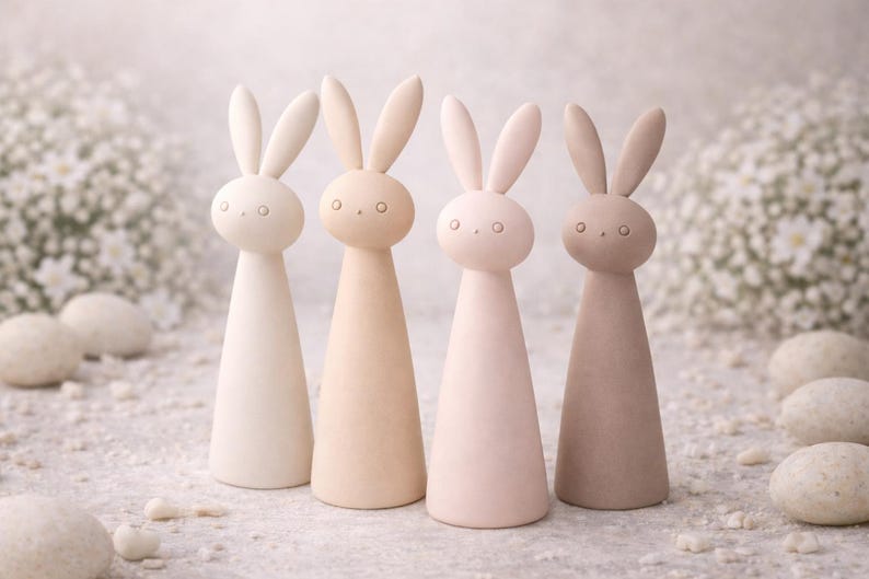 May include: Four pastel-colored bunny figurines. Each has a conical body and a rounded head with small, circular eyes and long ears. The colors range from off-white to light brown. The background features white flowers and small, round stones.