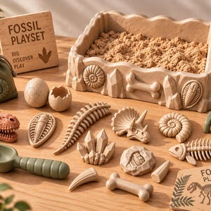 May include: A fossil playset featuring a rectangular sand tray with molded rock and bone details, filled with kinetic sand. Includes a green drawstring bag, a plastic scoop, a rake, and various tan-colored dinosaur bone and fossil replicas.