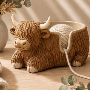 Pode incluir: Uma taça para novelos em forma de vaca Highland castanha, com pelagem texturizada e desgrenhada, chifres e cascos de cor creme. A taça possui uma abertura lateral para passar o fio e contém um novelo de lã branco sujo no seu interior.