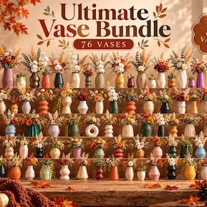 Pode incluir: Uma coleção de 76 pequenos vasos de várias formas e cores, cada um contendo um arranjo floral único. A exibição apresenta o texto Ultimate Vase Bundle e 76 Vases, com decoração de outono incluindo abóboras e folhas secas.