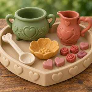 Puede incluir: Una bandeja beige en forma de corazón que contiene un caldero verde salvia, una jarra terracota, un cuenco amarillo con forma de flor, una cuchara beige y varias piezas pequeñas con formas de corazón, rosa y labios con relieves.