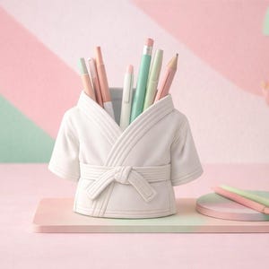 May include: A white dressing gown-shaped desk tidy filled with pastel-coloured pencils and pens. The organiser sits on a rectangular tray with a pink and green colour scheme. A matching coaster with pencils and a mint green lamp are also visible.