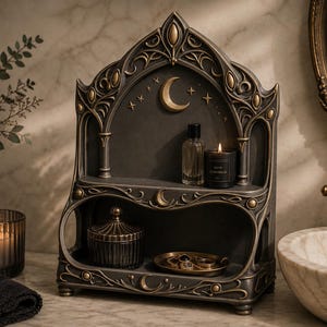 Op de afbeelding: Een donkergrijs en goudkleurig decoratief rek met een gotisch ontwerp, met een maan en sterren. Het bevat een parfumflesje, een brandende kaars en een klein potje. Een gouden dienblad met sieraden staat eronder.