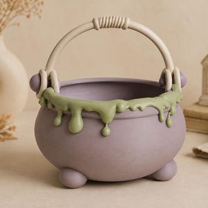 May include: A matte lavender cauldron with a rounded body and three small spherical feet. The rim features a decorative sage green drip effect resembling liquid. It includes a curved, light beige handle with a wrapped detail at the top.