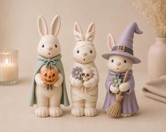 Zestaw STL z trójką króliczków na Halloween | Figurki czarownicy, mumii i dyniowego królika | Pliki do druku 3D z uroczym, strasznym króliczkiem