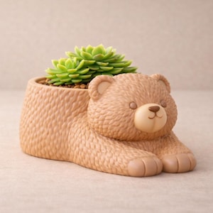 Puede incluir: Una maceta con forma de oso de color marrón claro con una superficie texturizada. El oso está tumbado con las patas extendidas. Una planta suculenta verde está plantada en su interior. Un artículo decorativo para el hogar.
