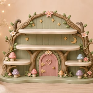 May include: A multi-tiered display shelf shaped like a tree house with a central pink arched door featuring a heart cutout. The structure includes three horizontal shelves, decorative brown tree branches, small colourful mushrooms, and stars.