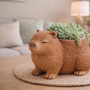 May include: A brown capybara-shaped planter with a smiling face, holding a succulent plant. The planter sits on a round, woven mat. The planter is made of ceramic or a similar material.