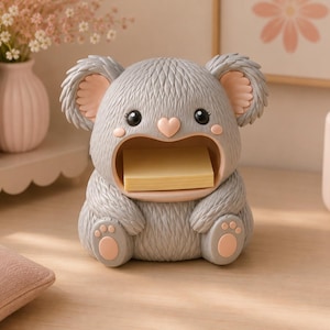 Puede incluir: Un dispensador de notas adhesivas con forma de koala gris, pelaje texturizado, orejas grandes con detalles rosados y nariz en forma de corazón. La boca abierta del koala sostiene una pila de notas adhesivas cuadradas de color amarillo.