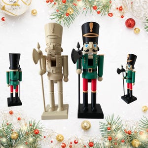 May include: Three nutcracker figurines, one is painted in white, one is painted in green and red, and one is painted in green. The nutcrackers are holding axes and are standing on a white surface.