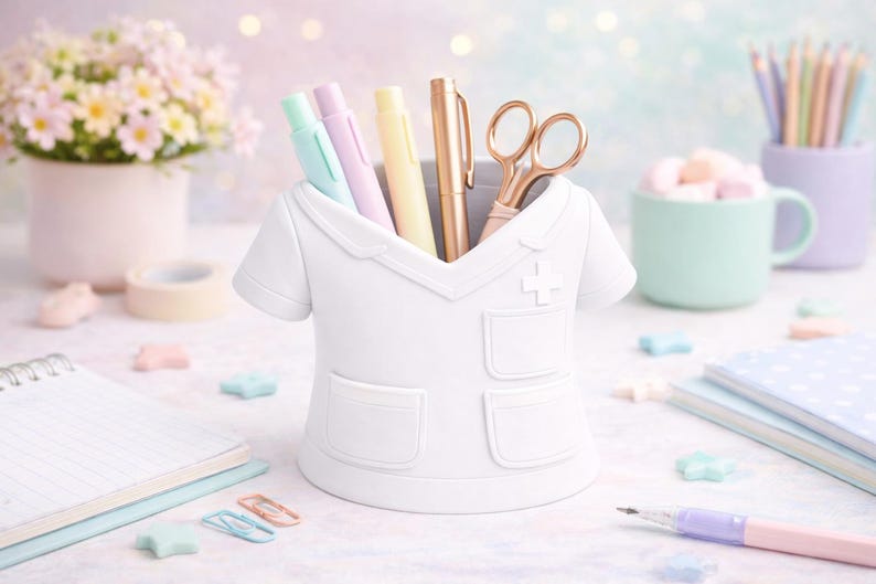 Peut inclure: Un organiseur de bureau blanc en forme de blouse d'infirmi&egrave;re, contenant des stylos et des ciseaux. Des stylos aux couleurs pastel, un stylo dor&eacute; et des ciseaux or rose sont visibles. D'autres accessoires de bureau sont pr&eacute;sents.