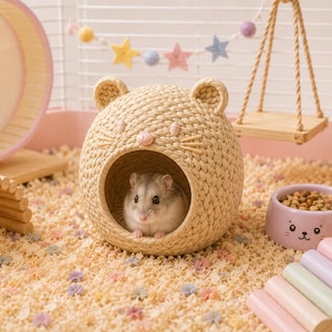 Può includere: Un nascondiglio per criceti in uncinetto beige a forma di testa di gatto con orecchie e baffi, contenente un piccolo criceto. Il recinto include una ruota per esercizi rosa, un'altalena in legno, una ciotola in ceramica rosa e rampe in legno pastello.