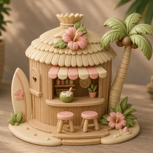 Puede incluir: Una figura en miniatura de una cabaña estilo tiki con techo de paja decorado con una flor de hibisco rosa, una tabla de surf, una palmera y un mostrador con dos taburetes. La estructura incluye una pequeña bebida de coco y una planta.
