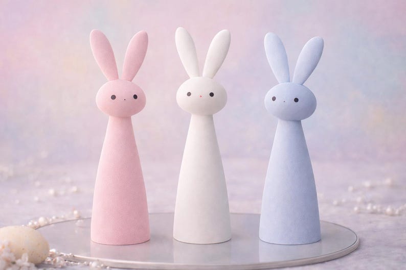 May include: Three pastel-colored bunny figurines. The bunnies are pink, white, and blue, each with a conical body and long ears. They have small black dot eyes and are displayed on a clear, round surface.