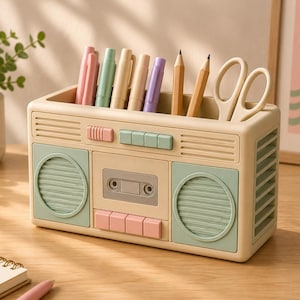 Puede incluir: Un organizador de escritorio de color crema con forma de radio cassette retro, con rejillas de altavoz en verde pastel y botones rosas. El compartimento superior contiene bolígrafos, lápices y tijeras. El frente presenta un diseño de cassette.