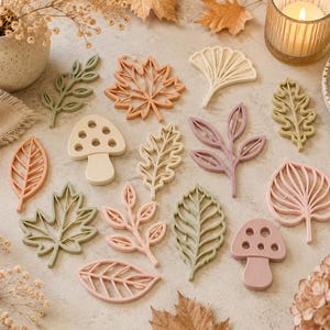Puede incluir: Una colección de formas decorativas planas en colores otoñales apagados, incluyendo verde salvia, rosa empolvado, crema y terracota. El conjunto presenta varios diseños botánicos como hojas de arce, roble, ginkgo y pequeños hongos.