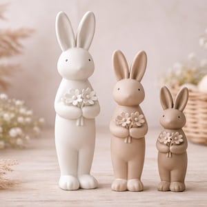 Peut inclure: Trois figurines de lapin en céramique de différentes tailles et nuances de blanc et de beige. Chaque lapin tient un petit bouquet de fleurs. Le fond comprend un panier d'œufs et des fleurs décoratives, suggérant un thème de Pâques.