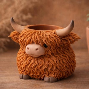 May include: A ceramic planter shaped like a Highland cow, featuring shaggy orange fur, a light pink nose, and curved horns. The planter has a round opening for plants and is designed to sit on a flat surface. A small plant in a terracotta pot is in the background.